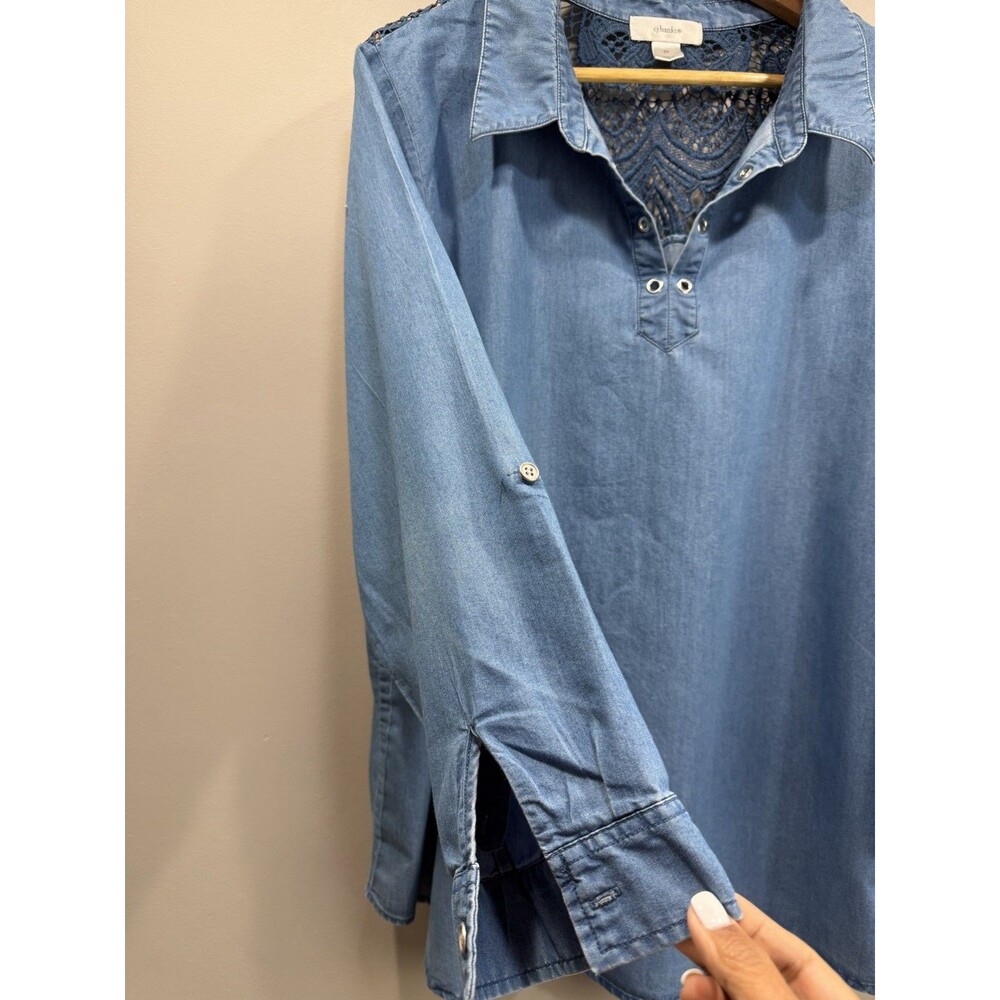 CJ BANKS Womens Plus 2X Blue Denim 3/4 Sleeve Collared Tunic Blouse Back Lace - Picture 7 of 12